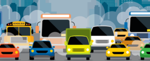 Animated colorful cars, buses and taxis