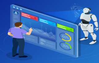 business man looking at virtual wall and robot