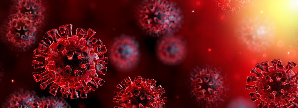 Coronavirus cells on a red background